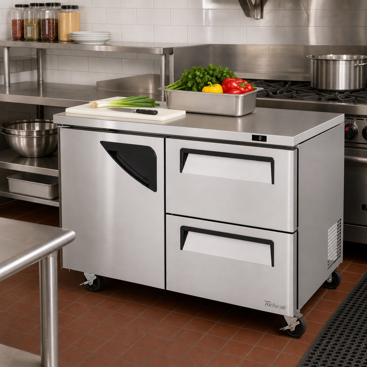 Product image #2 for Turbo Air Super Deluxe Two-Section Undercounter Freezer with Door and Drawers, 48-1/2 Inch, Stainless Steel
