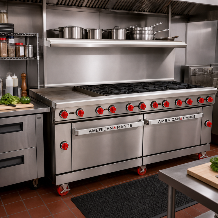 Product image #2 for American Range 72-Inch Gas Restaurant Range with Left Griddle, 8 Open Burners, Left Standard Oven, and Storage Base