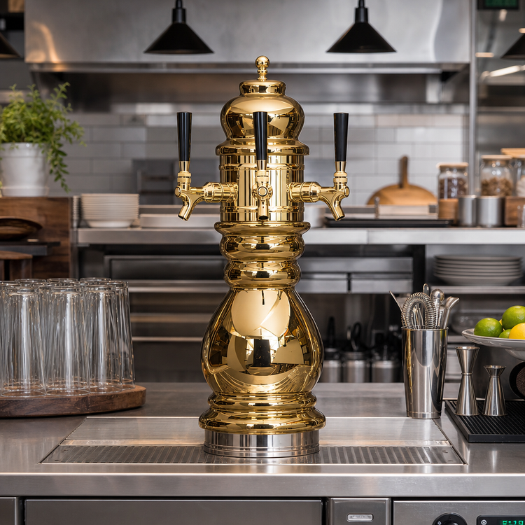 Product image #2 for Glastender Black Forest 2-Faucet Air-Cooled Countertop Draft Dispensing Tower, Polished Brass