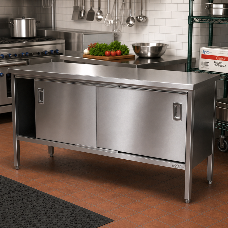 Product image #2 for John Boos Enclosed Work Table with Cabinet Base and Sliding Doors, 108 x 24 Inches, 14-Gauge 300 Series Stainless Steel Flat Top