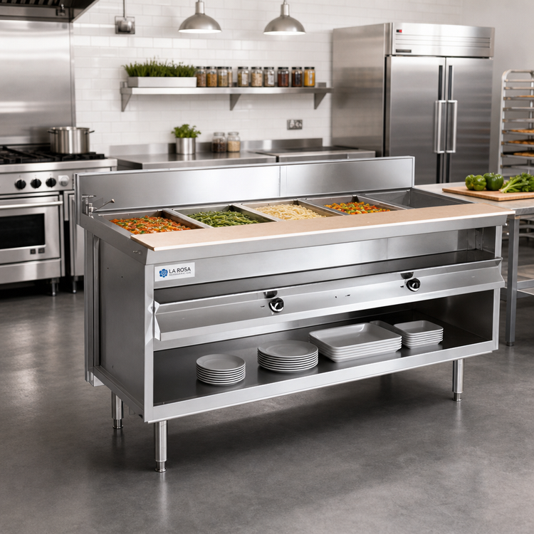 Product image #2 for La Rosa Refrigeration 60-Inch x 32-Inch Electric Hot Food Table with 4 Pan Openings, Open Cabinet Base