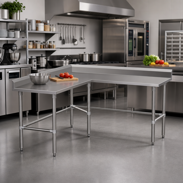 Product image #2 for L-Shaped 14-Gauge Stainless Steel Corner Work Table with 5-Inch Backsplash