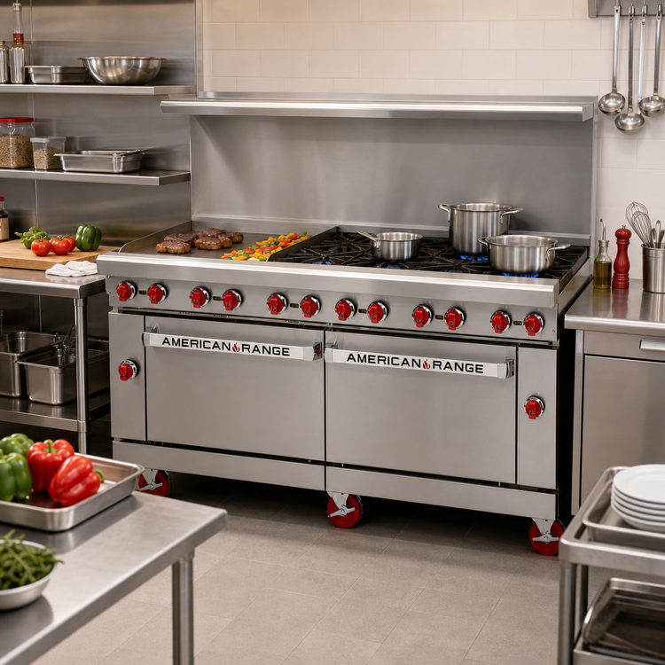 Product image #2 for American Range 72-Inch Gas Restaurant Range with 24-Inch Left Griddle, 8 Open Burners, Convection Oven and Standard Oven