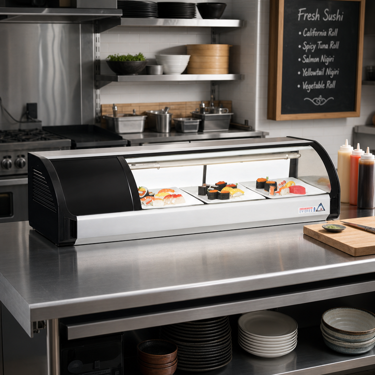 Product image #2 for Everest Refrigeration 47-1/4-Inch Countertop Curved Glass Sushi Display Case with Left-Mounted Self-Contained Refrigeration
