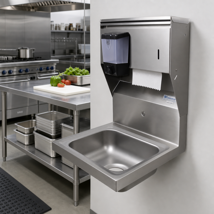 Product image #2 for BK Resources 14 x 10 Wall-Mount Hand Sink with Towel and Soap Dispensers, 1-Hole Splash Mount, 304 Stainless Steel
