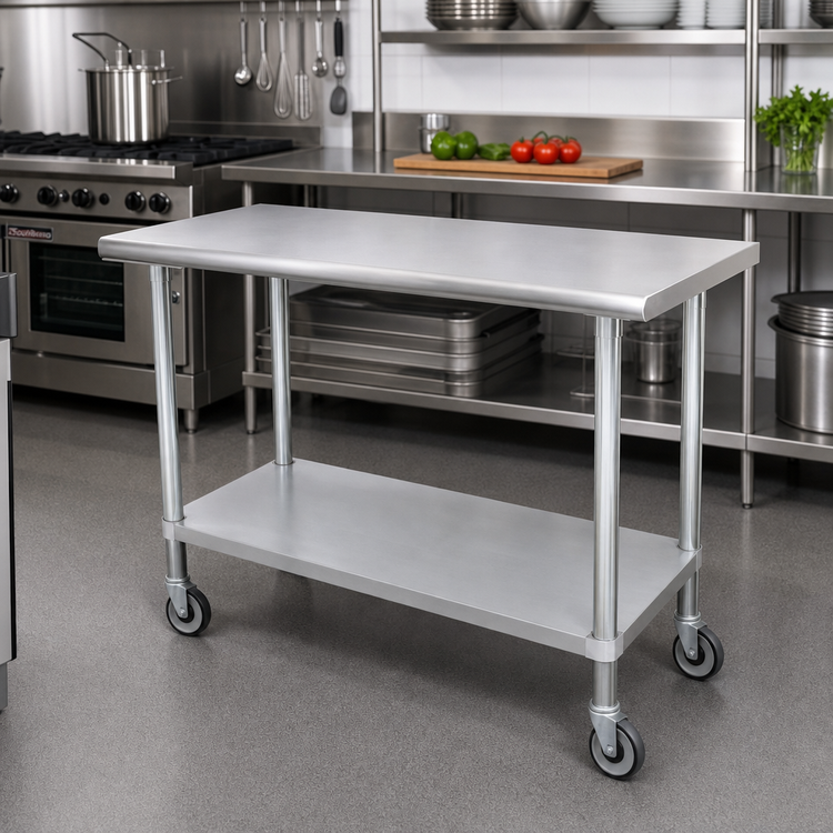 Product image #2 for Advance Tabco Special Value Series Mobile Flat Top Stainless Steel Work Table with Adjustable Undershelf, 72 x 30 Inch