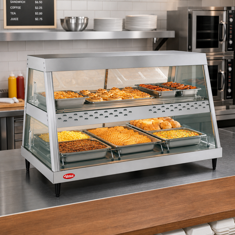 Product image #2 for Hatco Glo-Ray 45.5-Inch Heated Countertop Food Display Case with Glass Front, 3-Pan Dual Shelf and Humidity
