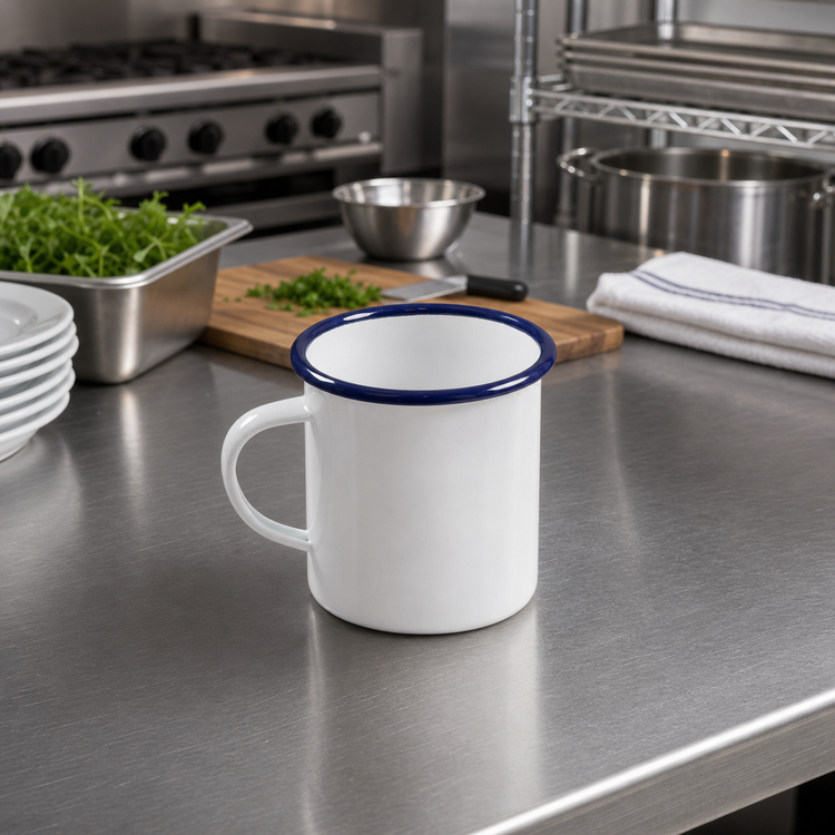 Product image #2 for American Metalcraft Enamelware 16 oz Mug, White with Blue Rim, Enamel-Coated Steel