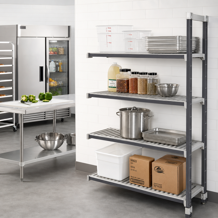 Product image #2 for Cambro Camshelving Elements XTRA Stationary Add-On Polymer Shelving Unit, 48"W x 21"D x 72"H, 4-Shelf, Vented & Solid, Speckled Gray