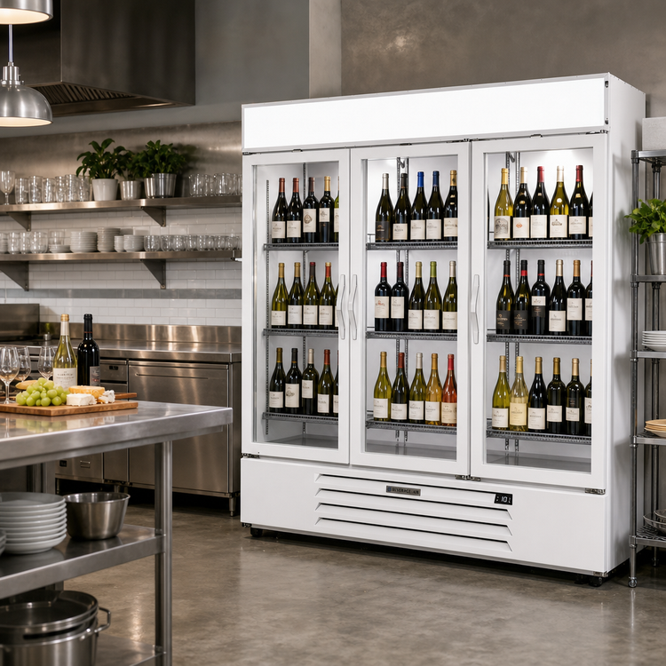 Product image #3 for Beverage-Air MarketMax Three-Section Bottom-Mount Reach-In Wine Merchandiser with Hinged Glass Doors, White