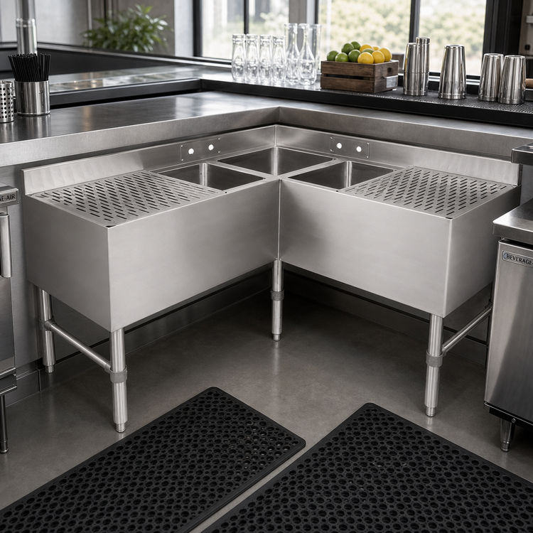 Product image #2 for John Boos 3-Compartment Underbar Corner Sink Unit with Left and Right Drainboards, 48"W x 21"D