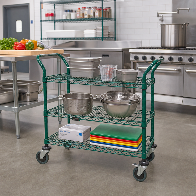 Product image #2 for Quantum 3-Shelf Wire Utility Bus Cart, 42 x 18 x 37-1/2 Inches, Green Epoxy Antimicrobial Finish