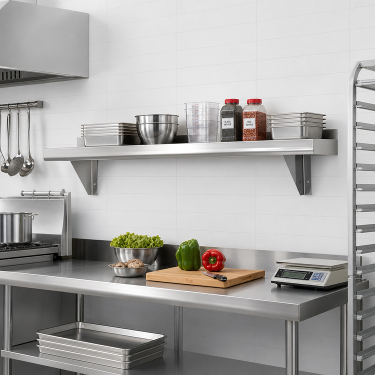 Product image #2 for Advance Tabco 72-Inch x 10-Inch Wall-Mounted 304 Stainless Steel Shelf, 16 Gauge, Satin Finish