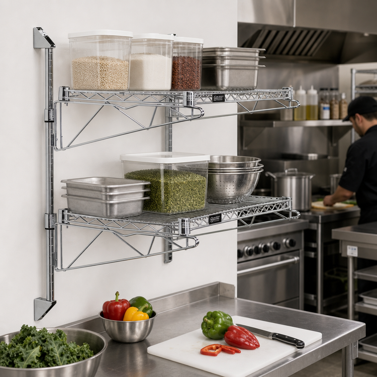 Product image #2 for Quantum Wall-Mounted Cantilever Double Shelf Wire Shelving Unit, 30 x 12 Inches, Chrome-Plated