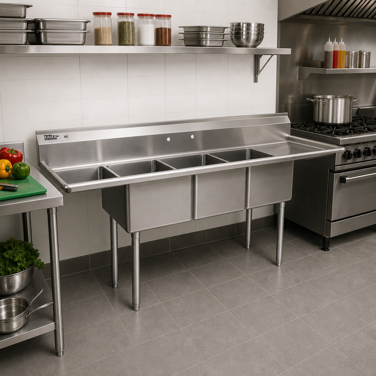 Product image #2 for Eagle Group BlendPort BPFE Series Economy 3-Compartment Sink with Right-Hand Drainboard, 24" x 24" x 12" Bowls, 16-Gauge 304 Stainless Steel