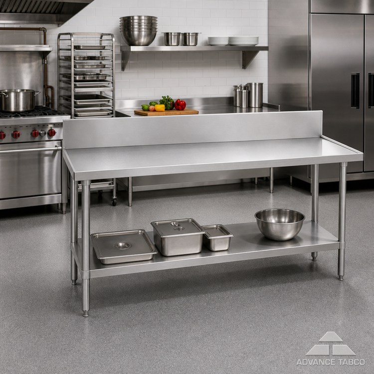 Product image #2 for Advance Tabco 72-Inch 14-Gauge 304 Stainless Steel Work Table with 10-Inch Backsplash and Adjustable Galvanized Undershelf