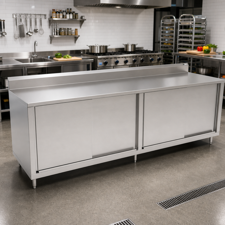 Product image #2 for John Boos 144" x 24" Cabinet Base Enclosed Work Table with Sliding Doors, 16-Gauge Stainless Steel Top, and 5" Backsplash
