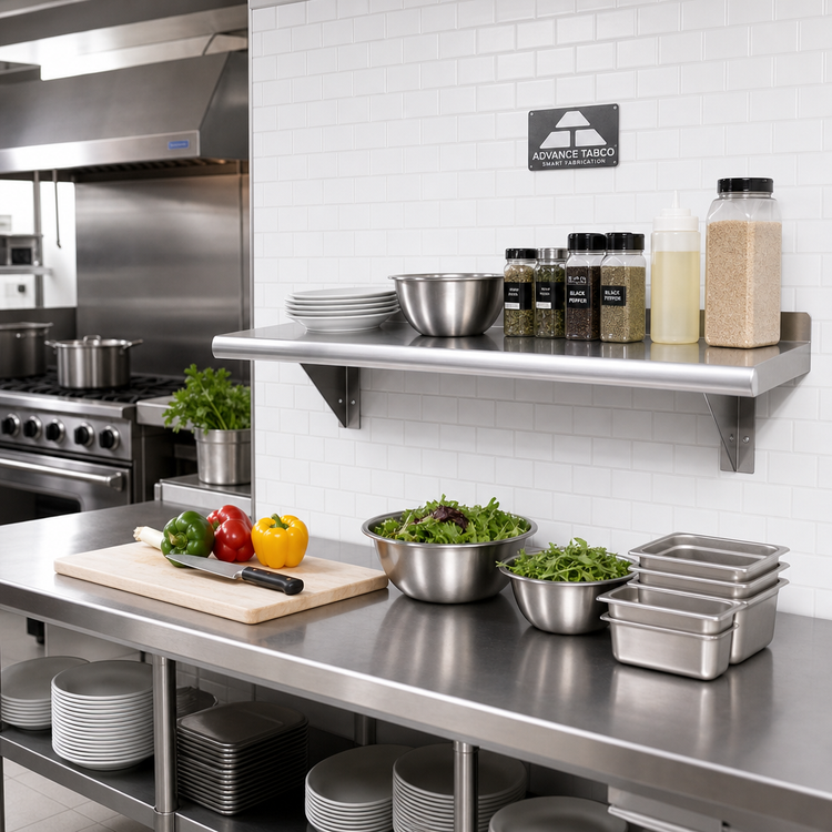 Product image #2 for Advance Tabco 24"W x 12"D Wall-Mounted Stainless Steel Shelf, 16 Gauge 304 Satin Finish
