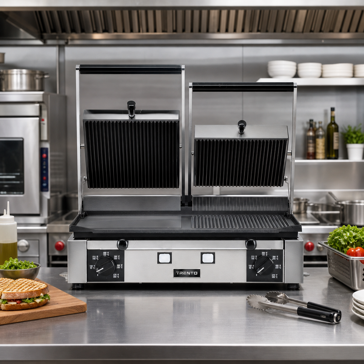 Product image #2 for Trento Commercial Countertop Double Panini Grill with Ribbed Top and 1/2 Smooth 1/2 Ribbed Bottom, 10 x 19 Inch Surface, 220V