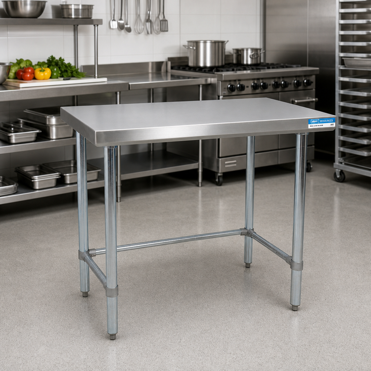 Product image #2 for BK Resources VTTOB-1830 Open-Base Stainless Steel Work Table — 30 Inches (W) x 18 Inches (D), 18-Gauge T-430 Top, Galvanized Legs