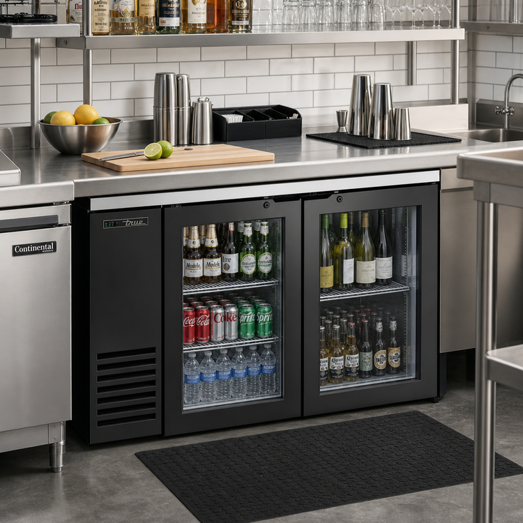 Product image #2 for Two-Section Glass Swing Door Back Bar Cooler, 24-Inch Deep, Single Zone, 60-1/8-Inch Wide, Stainless Top, Black Exterior