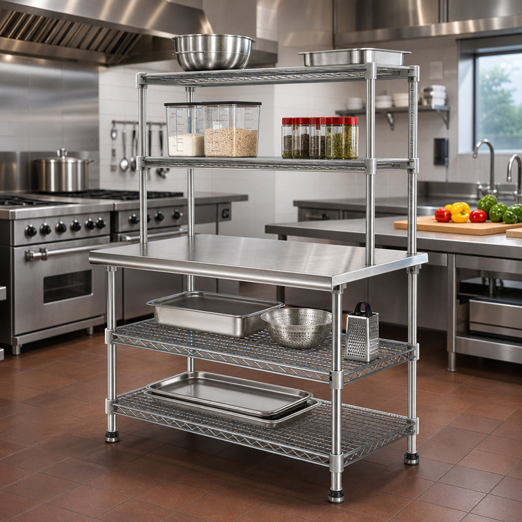 Product image #2 for Eagle AdjusTable Two-Tier Heavy-Duty Stainless Steel Work Surface System with Double Overshelves, 36W x 30D