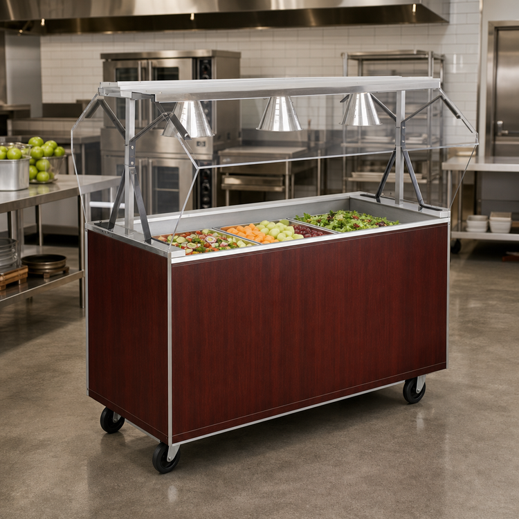 Product image #2 for Vollrath 2-Series Affordable Portable 46-Inch 3-Pan Non-Refrigerated Cold Food Station with Buffet Breath Guard, Cherry Woodgrain Solid Base