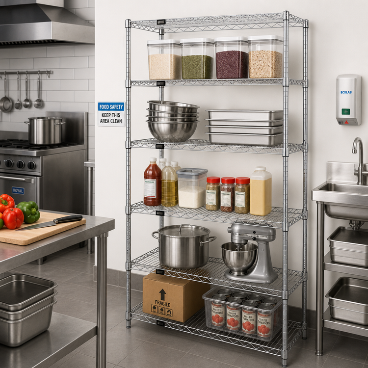 Product image #2 for Quantum Stationary Wire Shelving Starter Kit, 42-Inch W x 14-Inch D x 74-Inch H, 5 Shelves, Chrome Plated