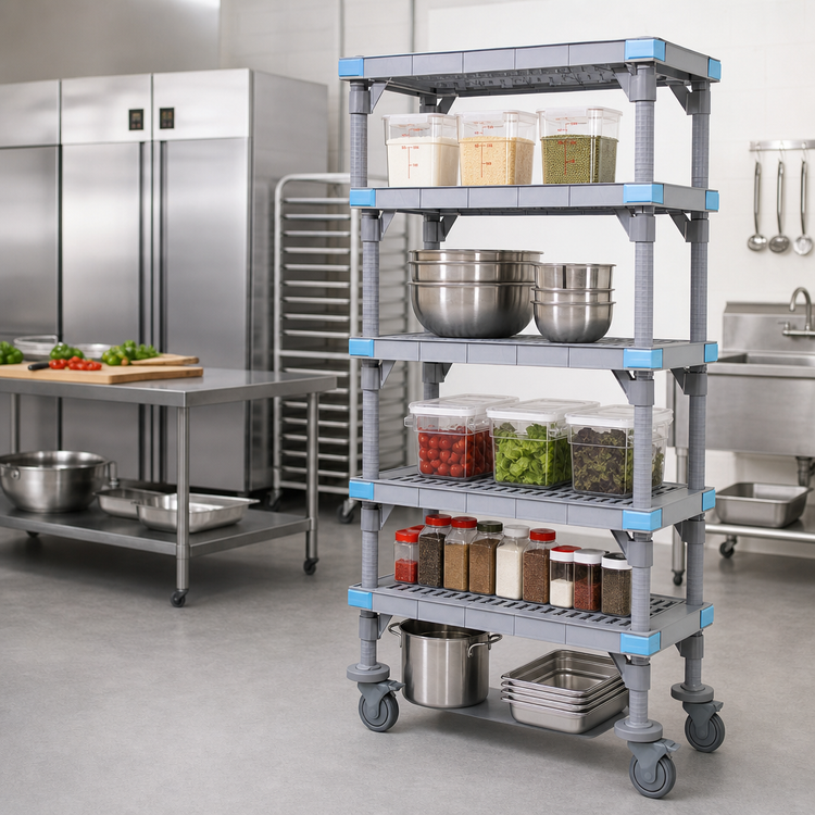 Product image #2 for Millenia Mobile Polymer Starter Shelving Unit with 5 Open Grid Shelves, 48 x 18 x 86 Inches