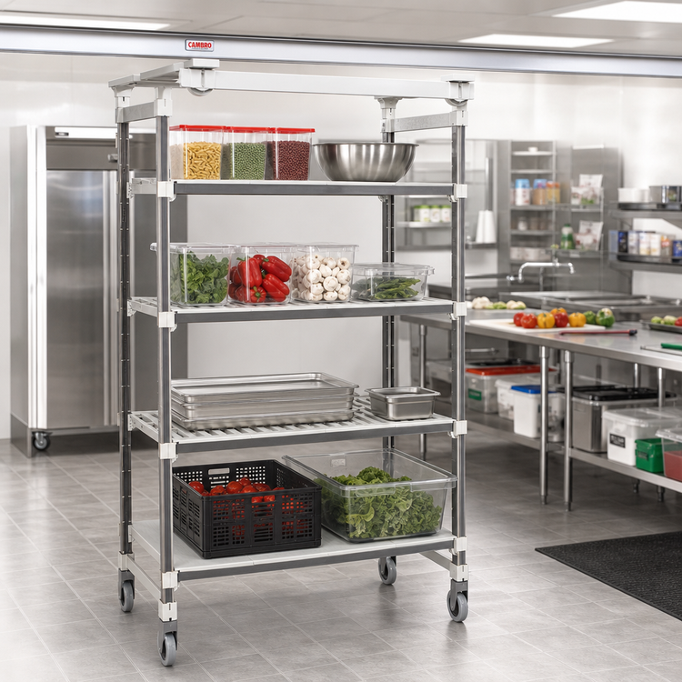 Product image #2 for Cambro Camshelving Elements XTRA High Density Top Rail Overhead Track Mobile Starter Unit, 18 x 48 x 80, 4-Tier, 3 Vented + 1 Solid