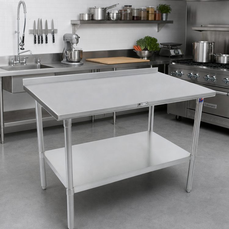 Product image #2 for Stallion 120 x 36 Inch 300 Series Stainless Steel Work Table with 1-1/2 Inch Rear Upturn and Adjustable Undershelf