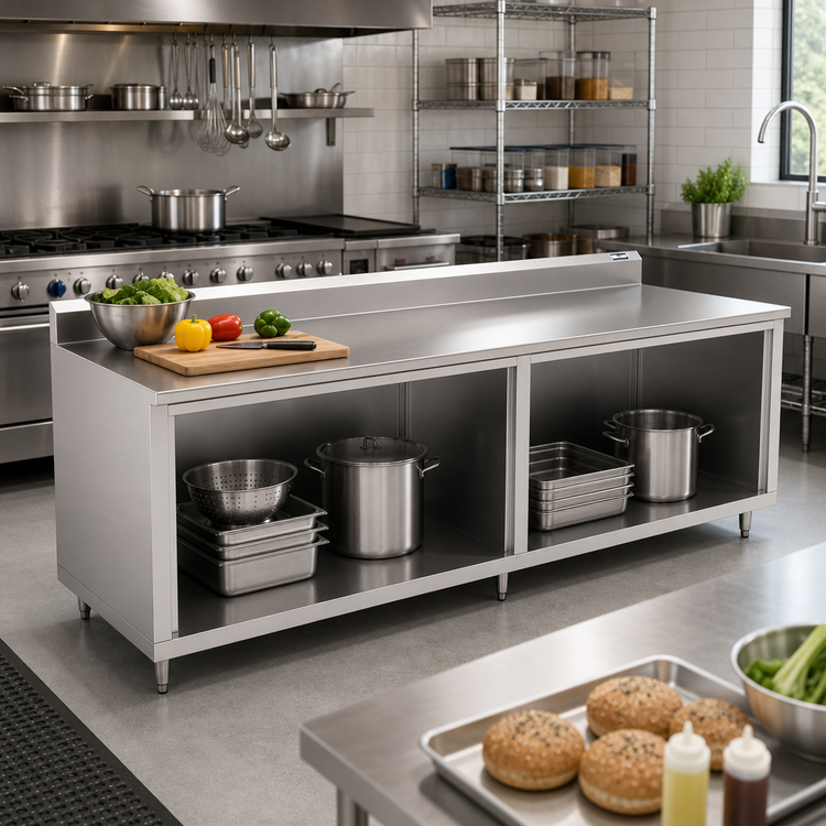 Product image #2 for John Boos Open Front Cabinet Base Work Table with 5-Inch Backsplash, 108 x 30-Inch, Stainless Steel