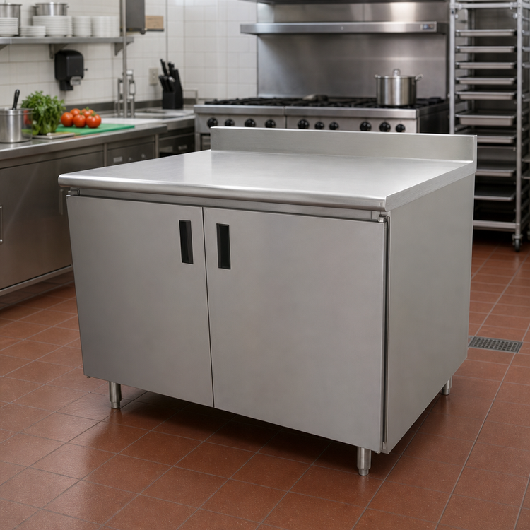 Product image #2 for Advance Tabco Special Value Economy Enclosed Work Table with Hinged Door Cabinet Base, 60 x 24 Inches, 16 Gauge 304 Stainless Steel Top, 5 Inch Backsplash