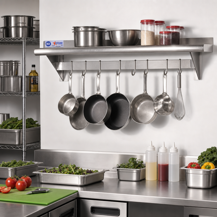 Product image #2 for Omcan Wall-Mounted Stainless Steel Pot Rack Shelf with 9 Hooks, 12 x 48 Inches