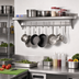 Thumbnail image #2 for Omcan Wall-Mounted Stainless Steel Pot Rack Shelf with 9 Hooks, 12 x 48 Inches