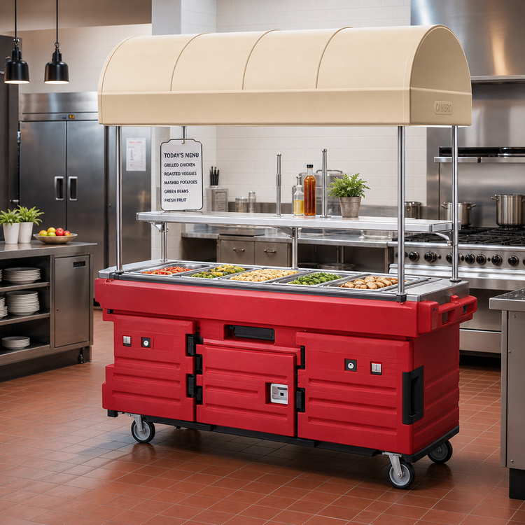Product image #2 for Cambro CamKiosk® 6-Pan-Well Canopy Food Cart, 85-1/8" x 33-1/2" x 94", Hot Red with Beige Canopy