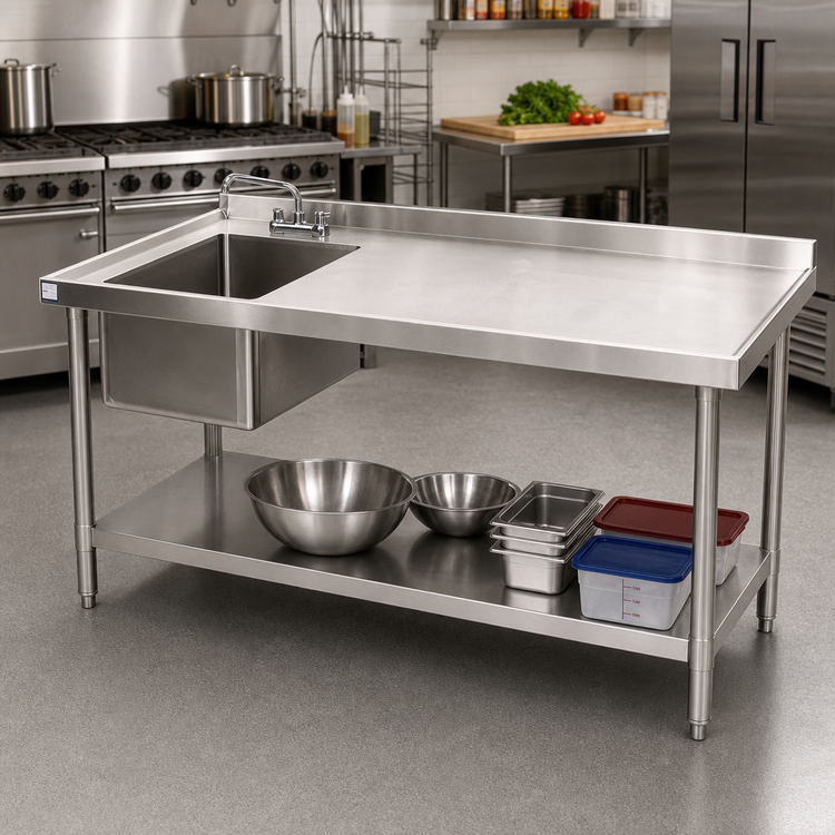 Product image #2 for Klinger's Trading 84 Inch x 30 Inch Stainless Steel Work Table with Left-Side Prep Sink, Marine Edge and Undershelf