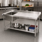 Thumbnail image #2 for Klinger's Trading STB3084BL 84" x 30" Stainless Steel Sink Table with Left-Side Prep Sink, 18-Gauge Top, Marine Edge and Undershelf