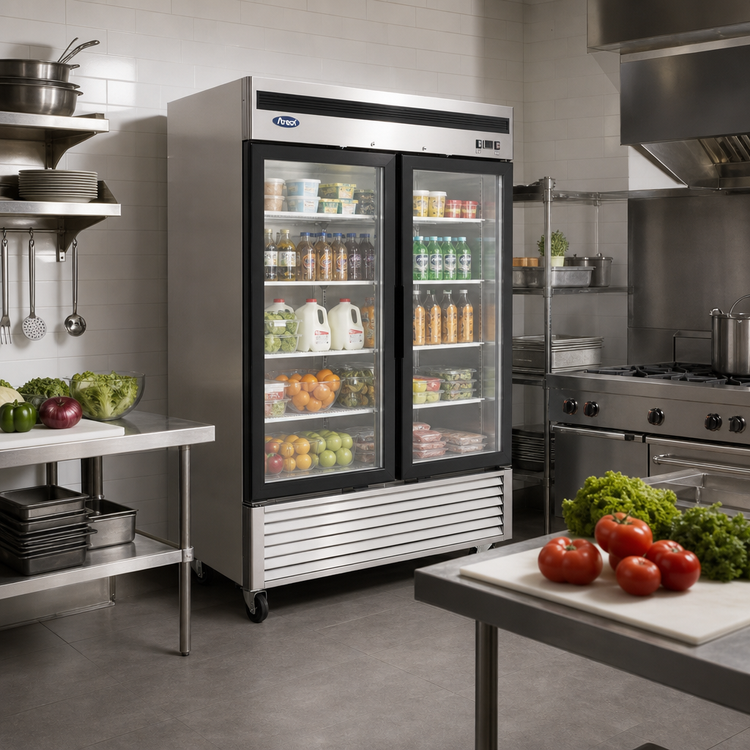 Product image #2 for Atosa Two-Section Glass Door Refrigerator Merchandiser, 44.8 Cu. Ft., Bottom-Mount Self-Contained, Stainless Steel