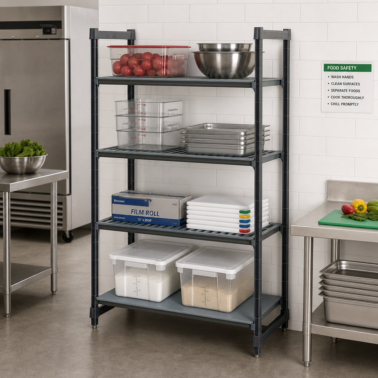 Product image #2 for Cambro Camshelving Basics Plus 24" x 54" x 72" Stationary Starter Shelving Unit, 4-Tier, 3 Vented + 1 Solid, Brushed Graphite