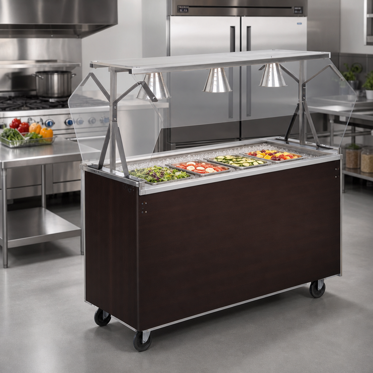 Product image #2 for Vollrath 2-Series Affordable Portable 4-Pan Non-Refrigerated Mobile Cold Food Station with Buffet Breath Guard, Lights, and Cherry Woodgrain Solid Base, 60 Inch