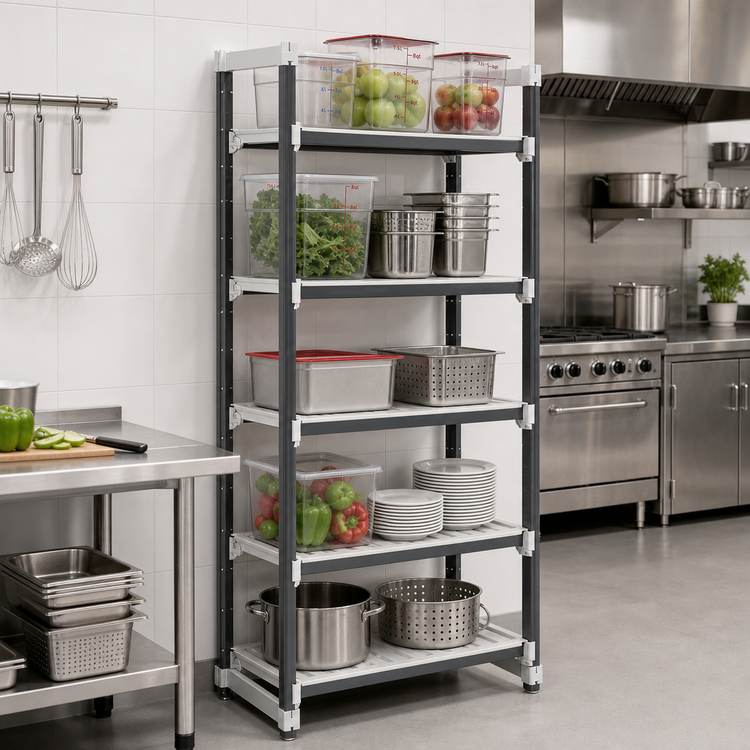 Product image #2 for Cambro Camshelving Elements XTRA 5-Tier Stationary Starter Polymer Shelving Unit, 21-Inch Deep x 24-Inch Wide x 84-Inch High, Speckled Gray