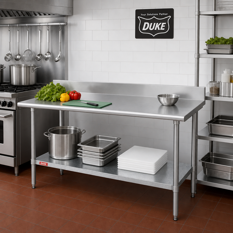 Product image #2 for Duke Supreme 48 Inch x 30 Inch Stainless Steel Work Table with 5 Inch Riser and Galvanized Undershelf