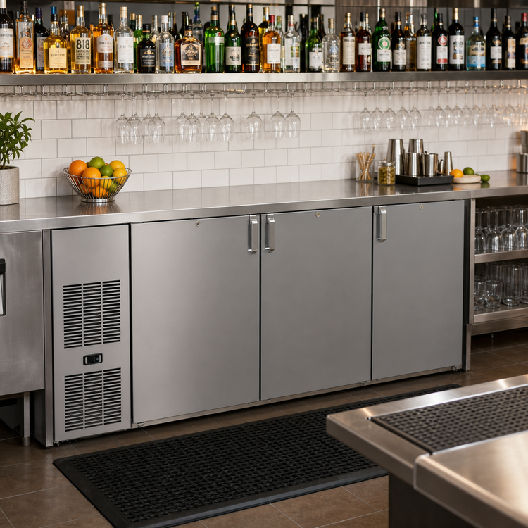 Product image #2 for Glastender CS1FB84 Shallow-Depth Front-Serviced One-Zone Back Bar Cooler, 84-Inch, Three-Section, Self-Contained