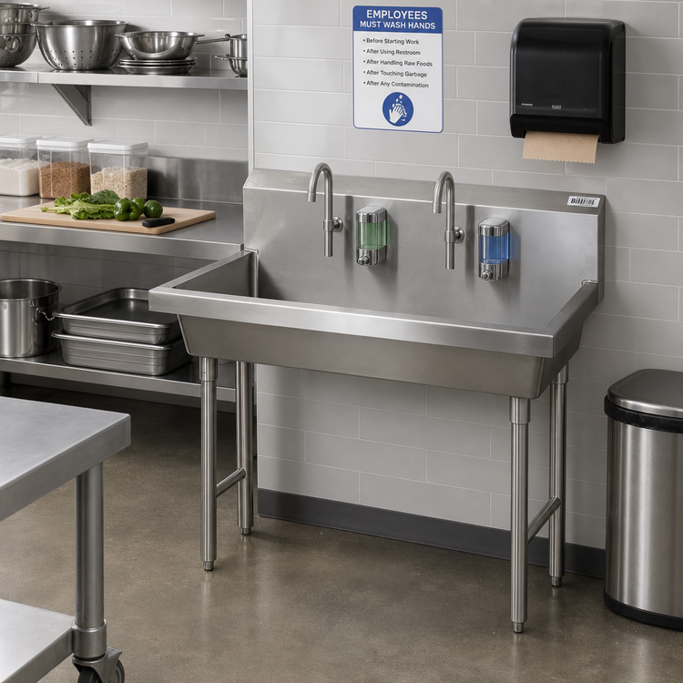 Product image #2 for BK Resources 48-Inch Two-Station Freestanding Hand Wash Sink, 8-Inch Deep Bowl, Stainless Steel