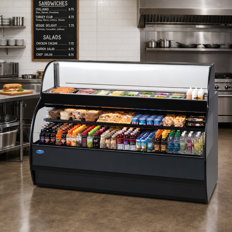 Product image #2 for Federal Industries SSRSP7752 Sandwich or Salad Prep Merchandiser with Refrigerated Self-Serve Bottom, 77 Inch Wide, Black