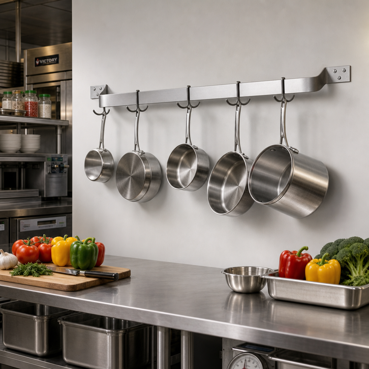 Product image #2 for Eagle Group 60-Inch Wall-Mount Stainless Steel Single-Bar Pot Rack with 5 Double-Prong Hooks
