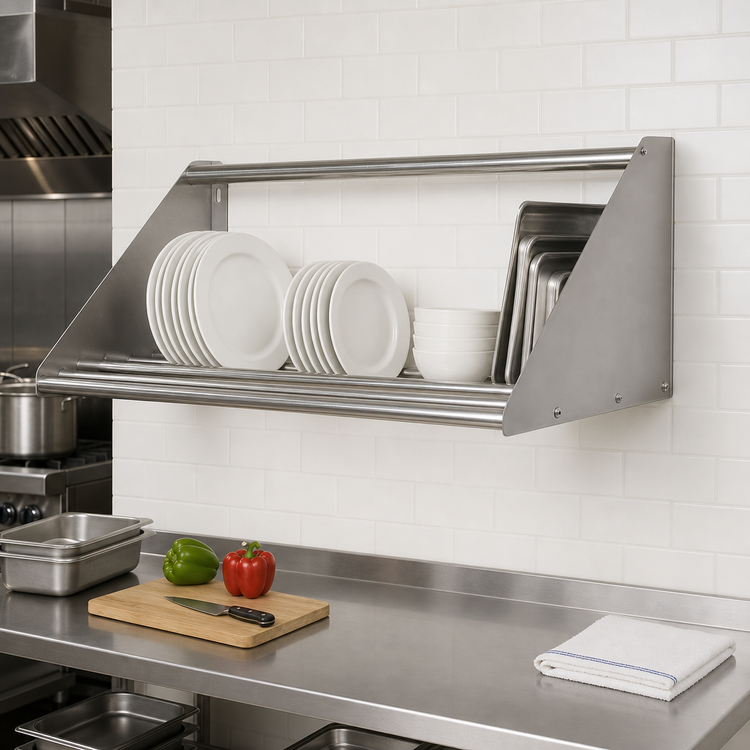 Product image #2 for BK Resources Wall-Mount Tubular Dish Shelf, 63 Inch Wide, Stainless Steel