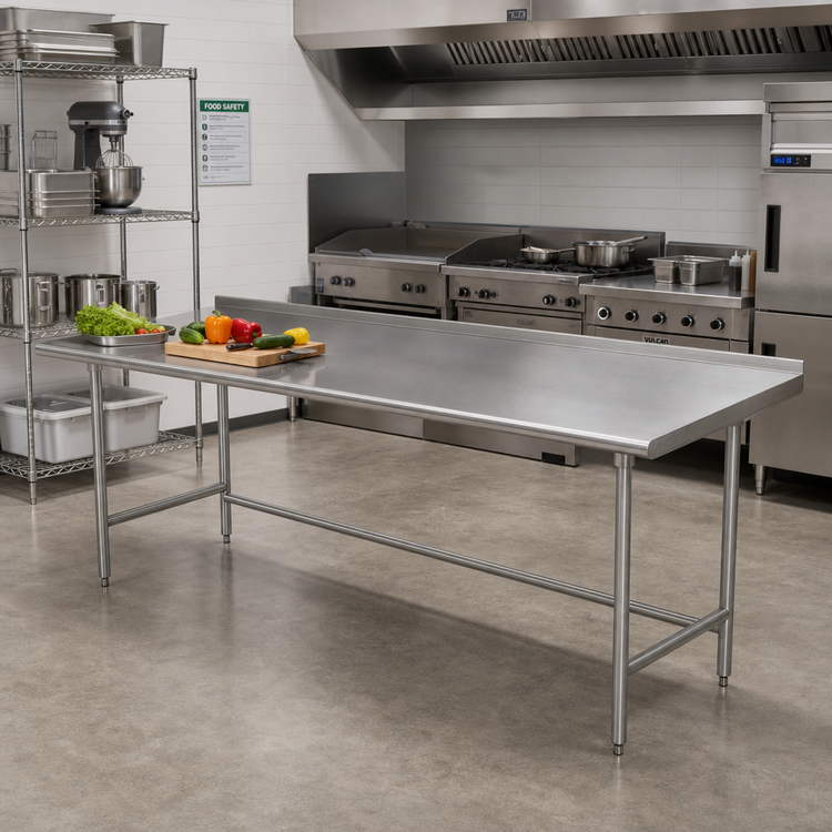 Product image #2 for Advance Tabco Premium Series 120"W x 30"D Stainless Steel Work Table, 14-Gauge 304 Top, 1-1/2" Rear Up-Turn, Galvanized Open Base