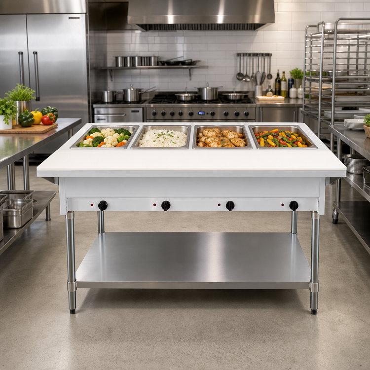 Product image #2 for Omcan USA Natural Gas Open Well Steam Table with 4 Full-Size Pan Capacity, Cutting Board, and Undershelf